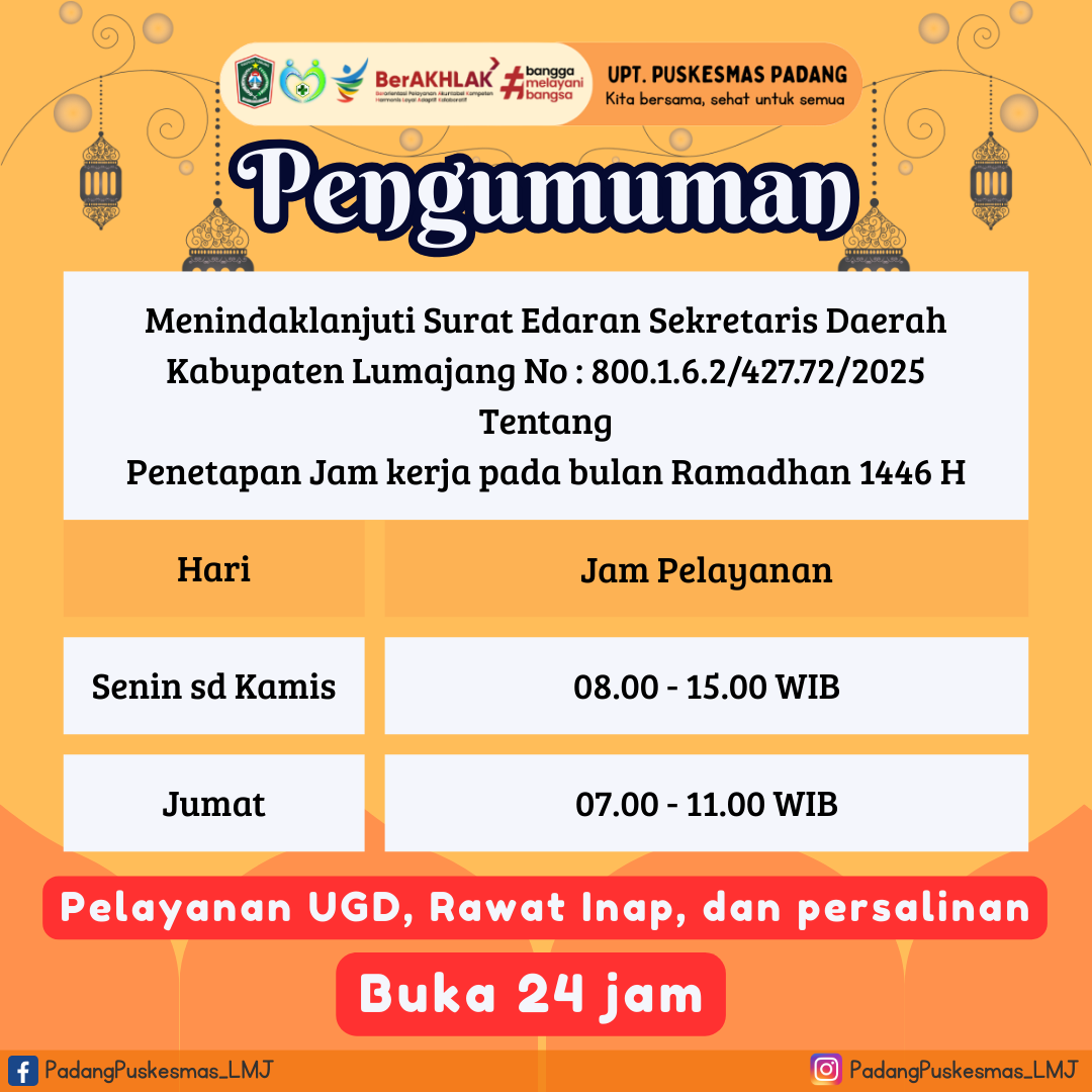 Jam pelayanan UPT Puskesmas Padang pada bulan ramadhan 1446 Hijriyah
