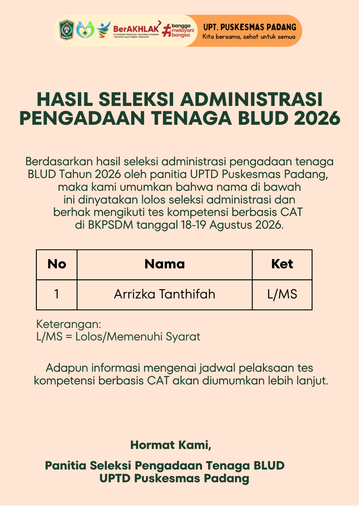 Hasil seleksi administrasi rekrutmen pengadaan tenaga BLUD UPTD Puskesmas Padang 