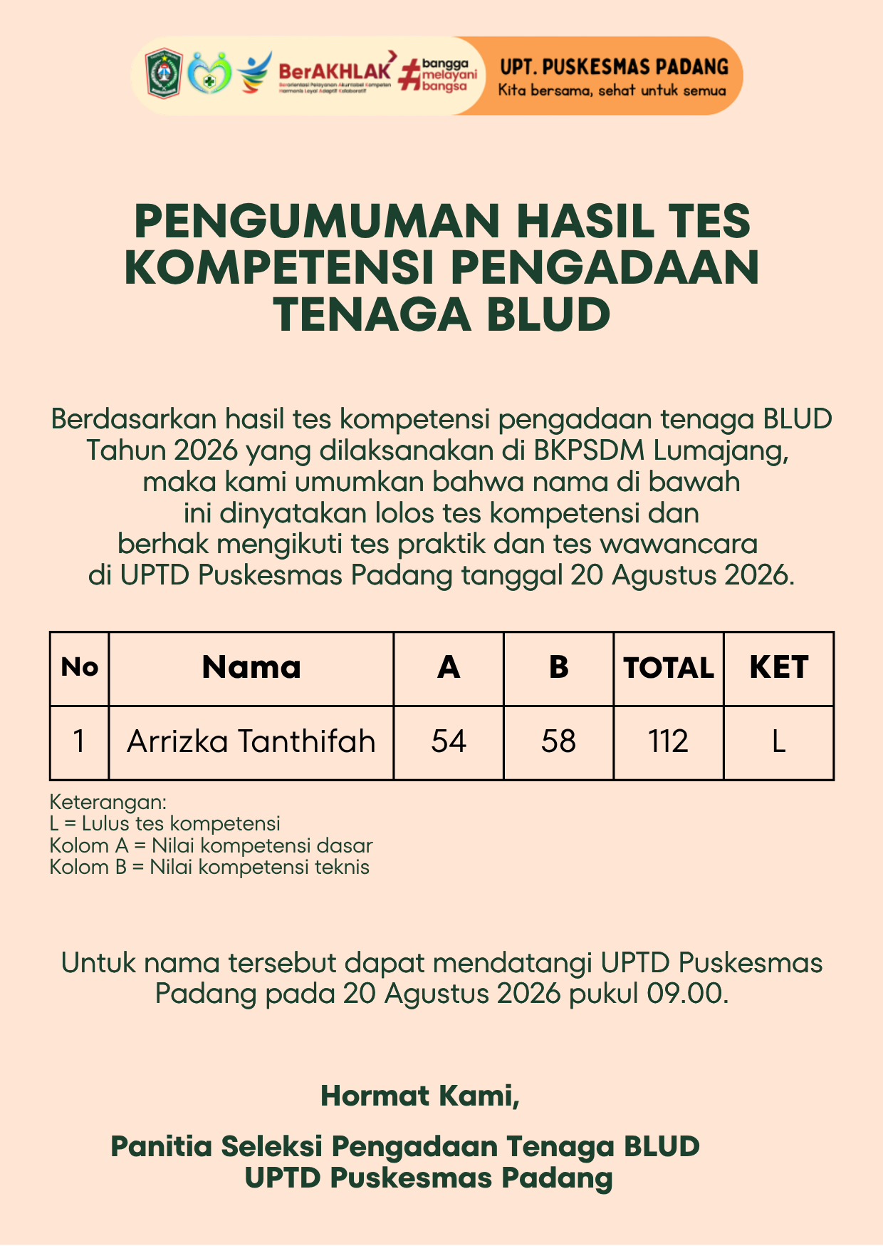 Pengumuman Hasil Seleksi Kompetensi Pengadaan Tenaga BLUD